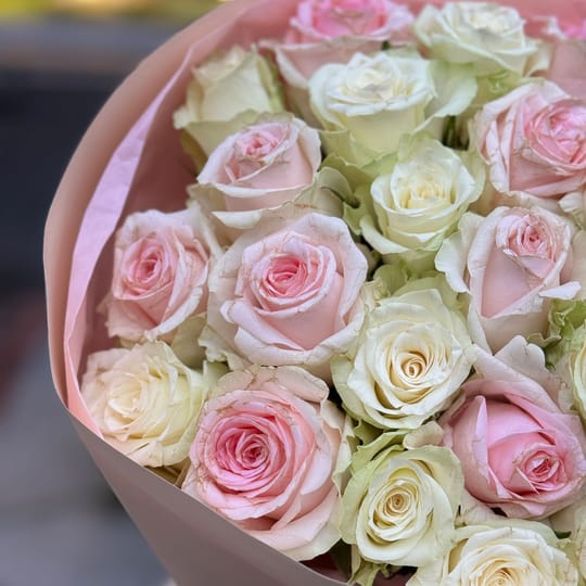 25 рожевих і білих троянд Кенія – доставка квітів у Київ