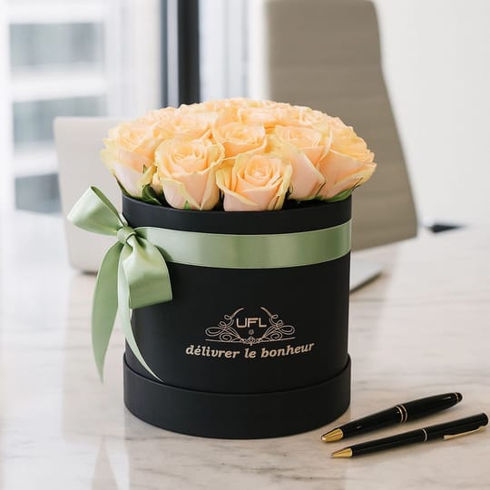 Кремові троянди в коробці 21шт – доставка квітів у Київ