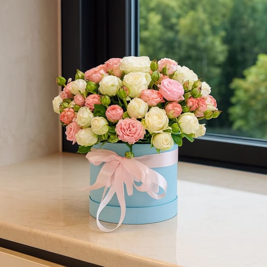 Кущові трояди в коробці – доставка квітів у Київ