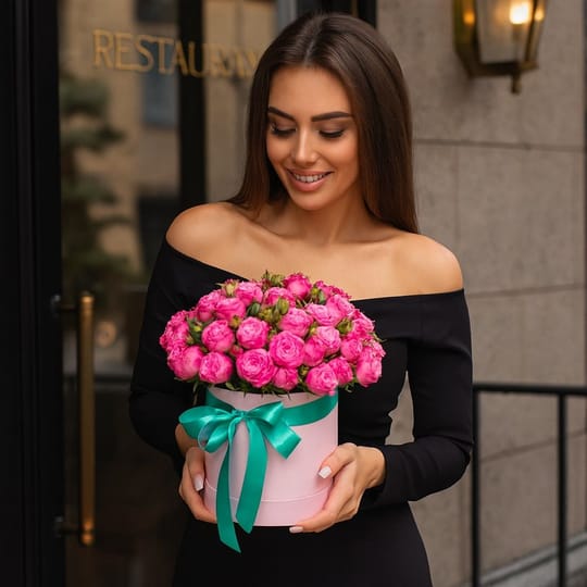 Рожеві кущові троянди в коробці – доставка квітів у Київ