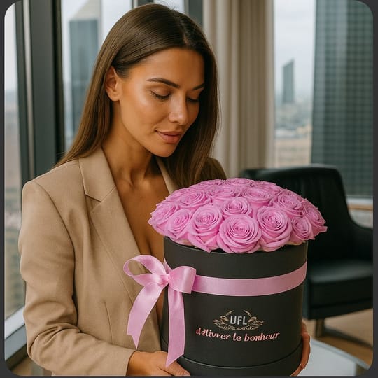 Рожеві троянди в коробці 23 шт – доставка квітів у Київ